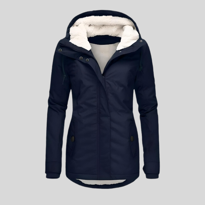 Women's Waterproof Hooded Parka with Sherpa Lining - Navy Blue