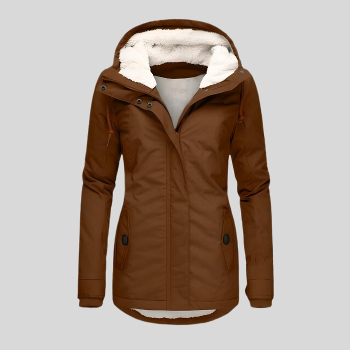 Women's Waterproof Hooded Parka with Sherpa Lining - Brown