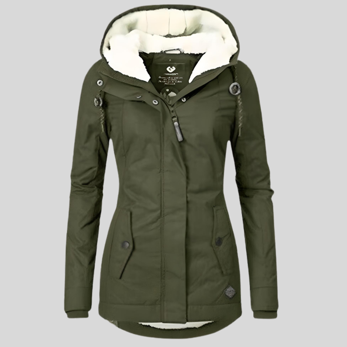 Women's Waterproof Hooded Parka with Sherpa Lining - Army Green