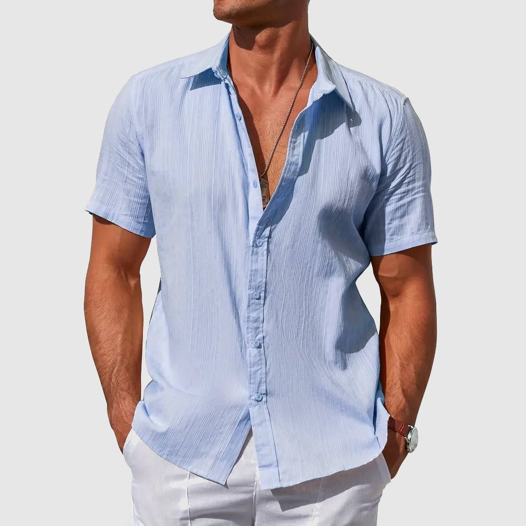 Men's Textured Short Sleeve Linen Shirt - Light Blue