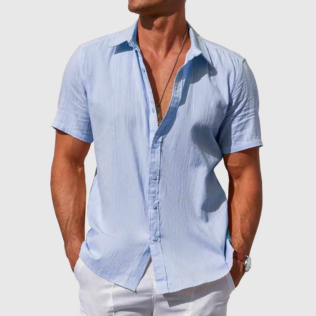 Men's Textured Short Sleeve Linen Shirt - Light Blue