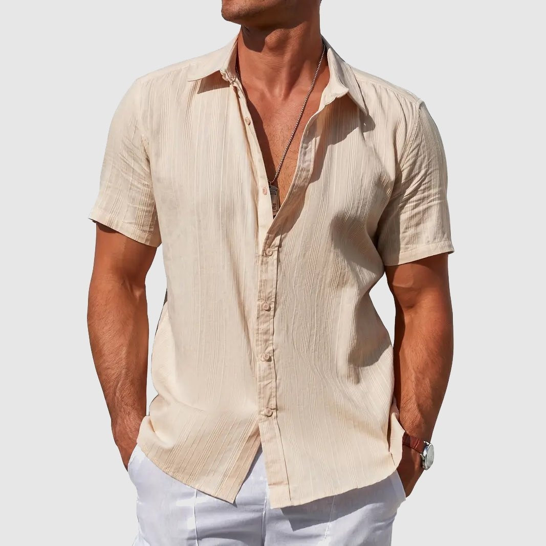 Men's Textured Short Sleeve Linen Shirt - Beige