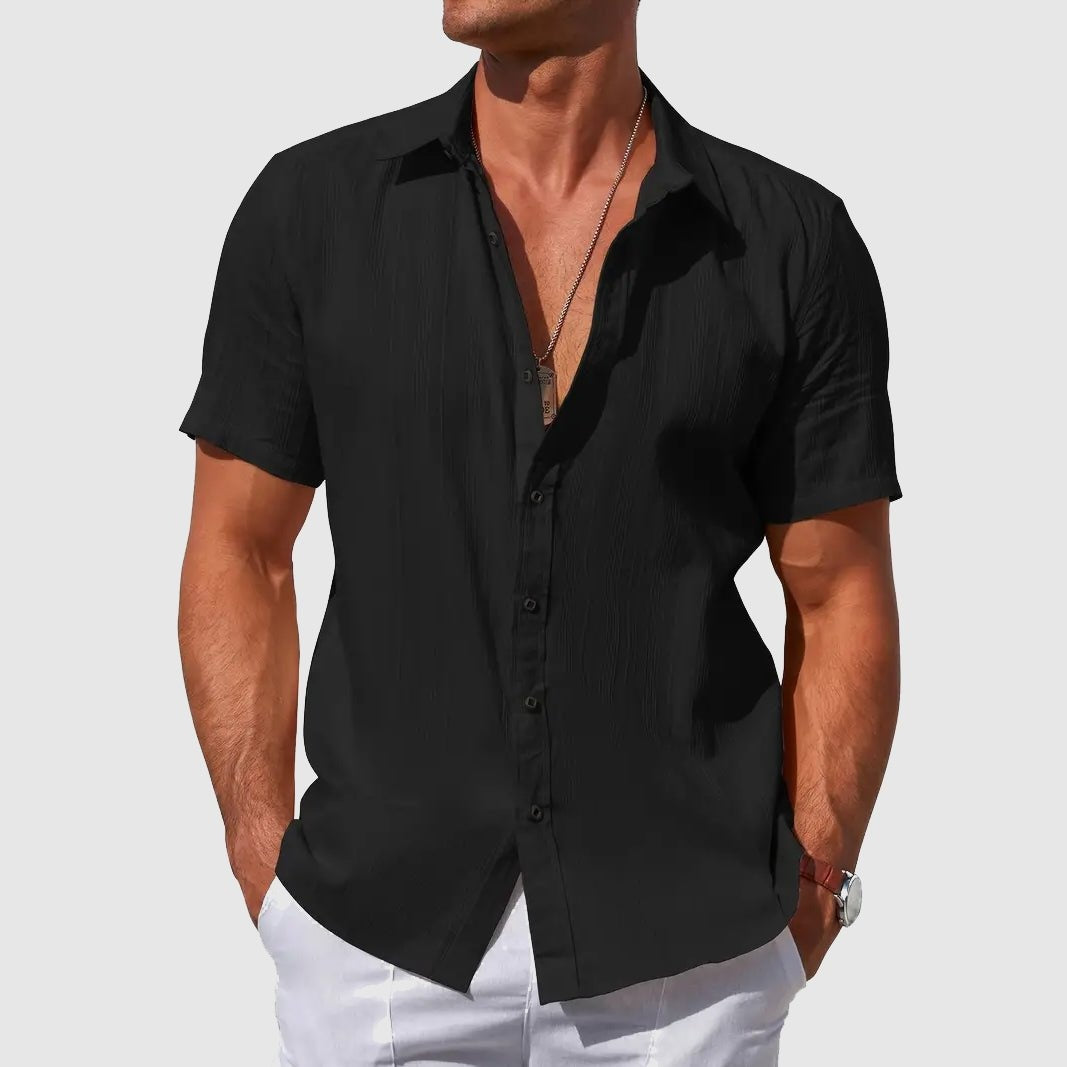 Men's Textured Short Sleeve Linen Shirt - Black