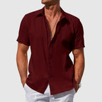Men's Textured Short Sleeve Linen Shirt - Dark Red