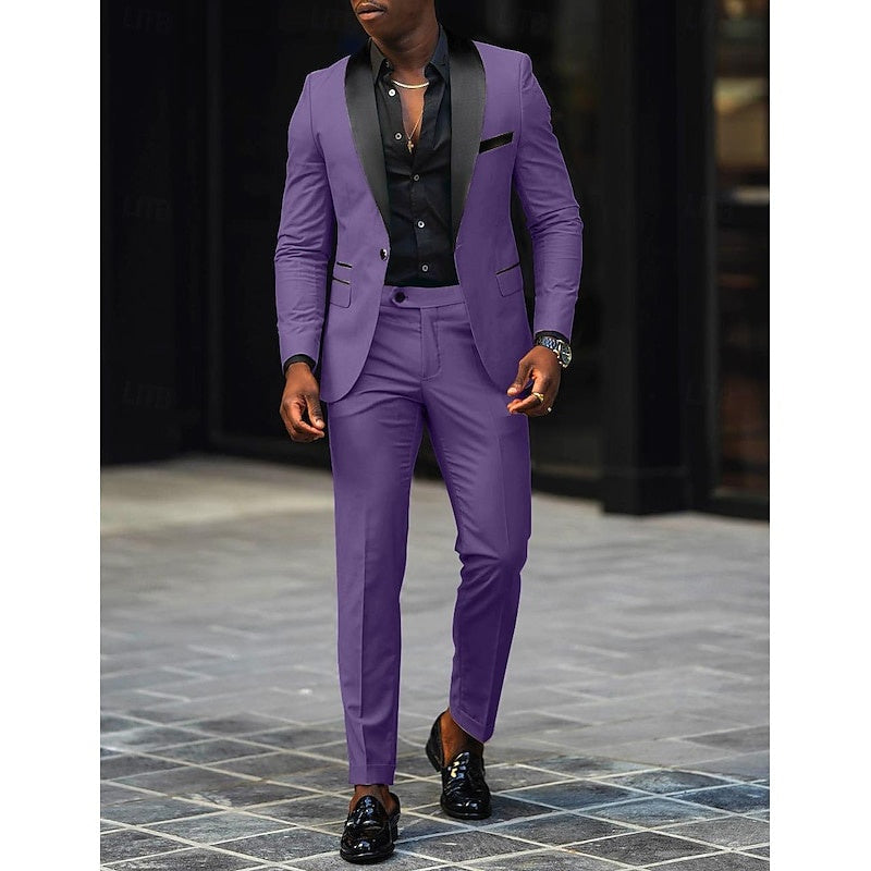 Men's Two-Piece Wedding Suit with Satin Lapel - Purple