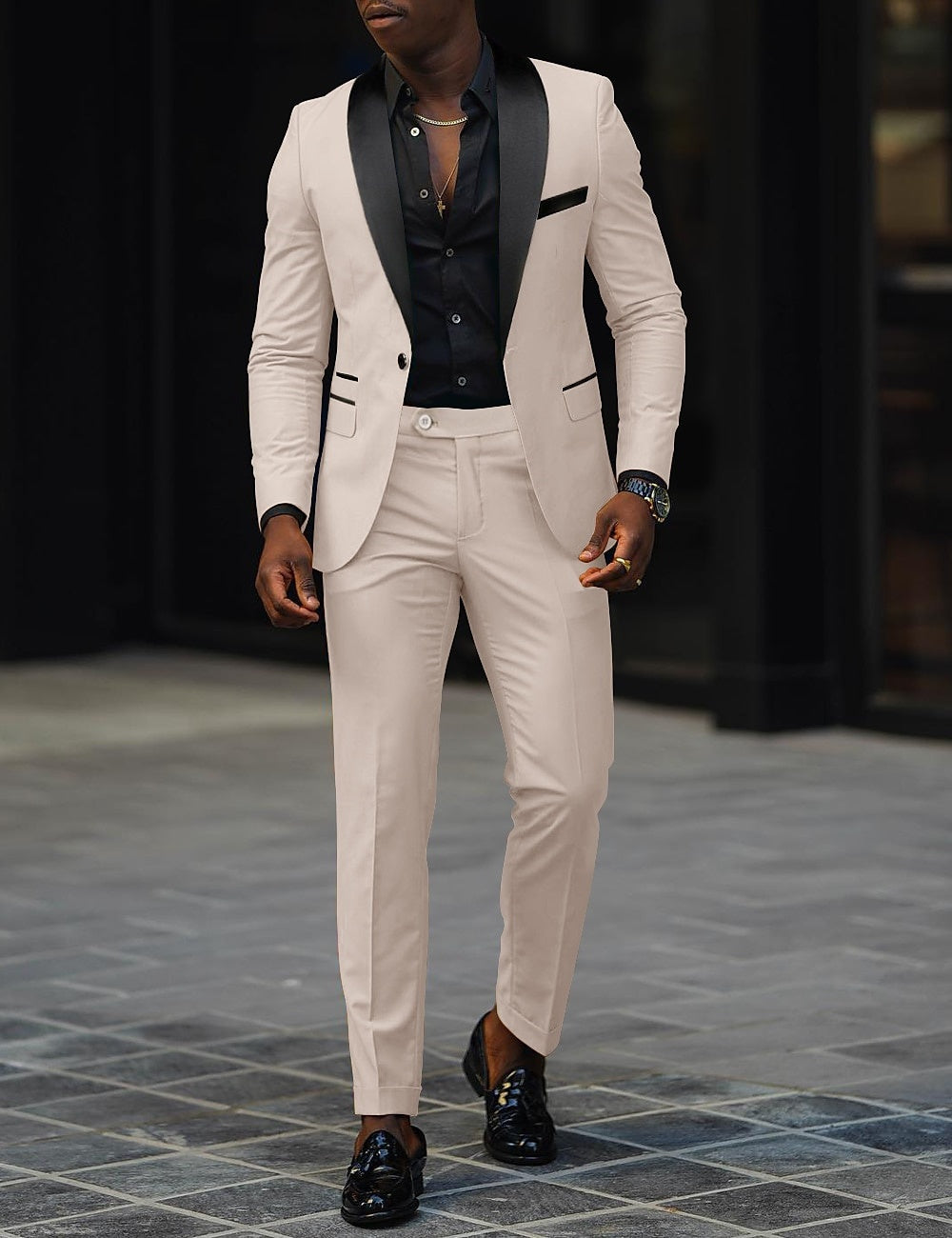 Men's Two-Piece Wedding Suit with Satin Lapel - White