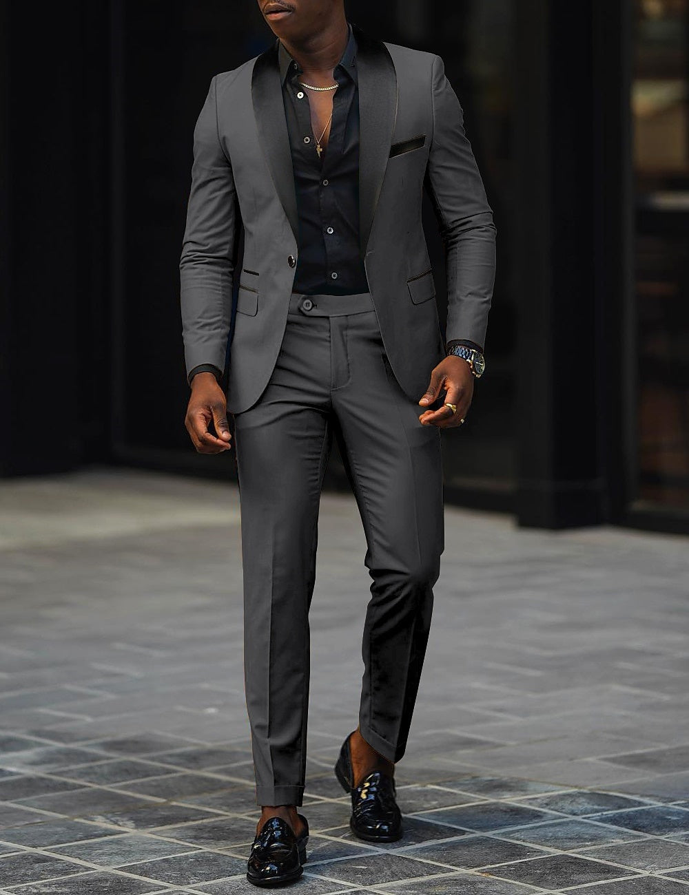 Men's Two-Piece Wedding Suit with Satin Lapel - Dark Gray