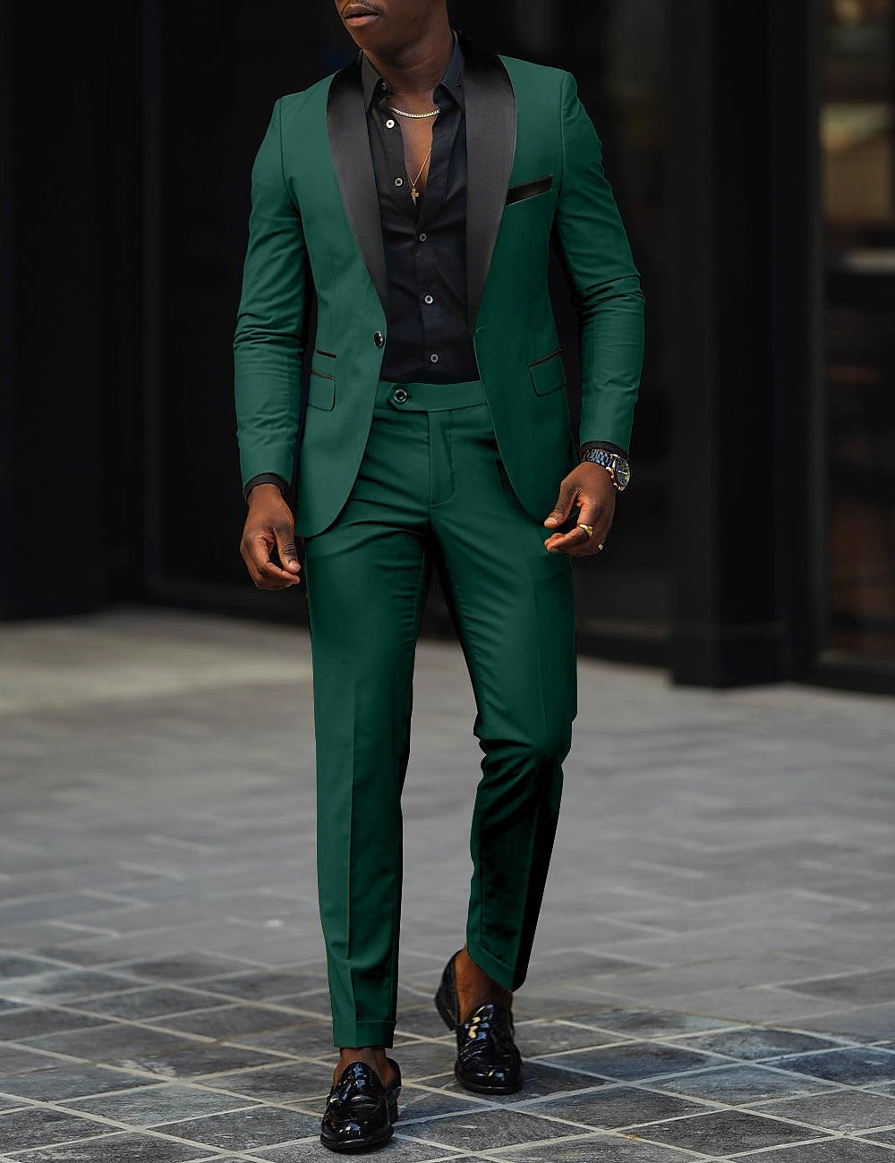 Men's Two-Piece Wedding Suit with Satin Lapel - Green