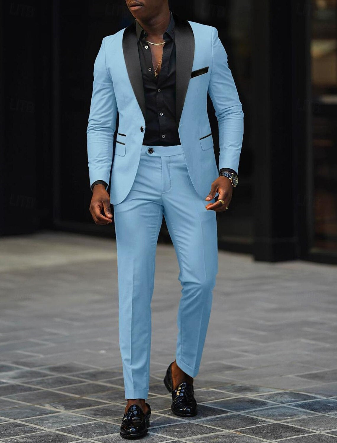 Men's Two-Piece Wedding Suit with Satin Lapel - Sky Blue