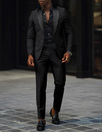 Men's Two-Piece Wedding Suit with Satin Lapel - Black
