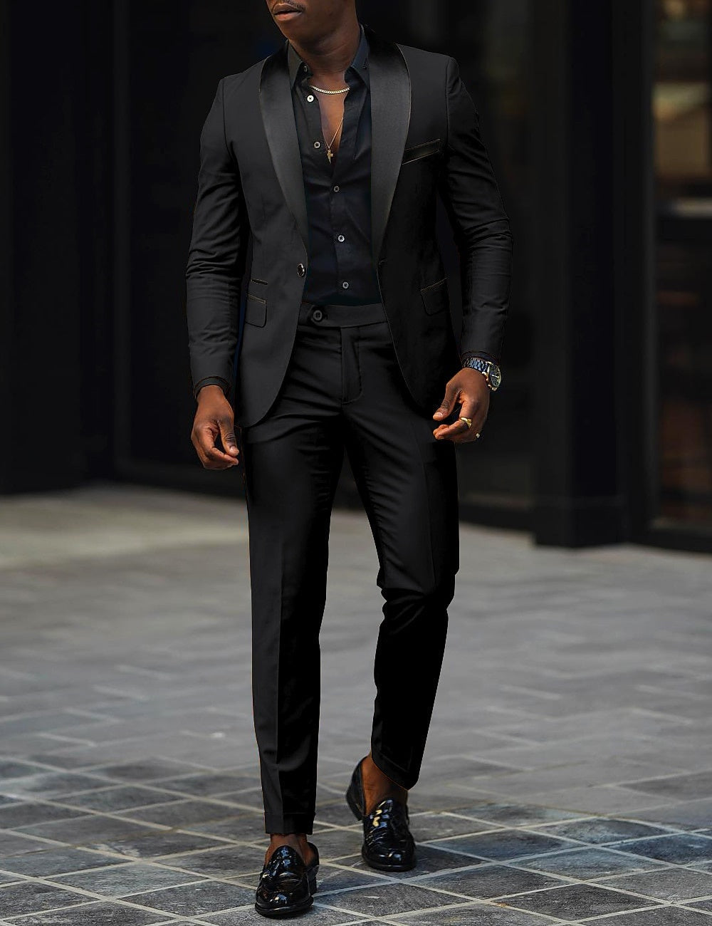 Men's Two-Piece Wedding Suit with Satin Lapel - Black
