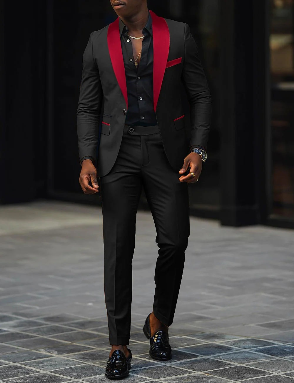 Men's Two-Piece Wedding Suit with Satin Lapel - Red