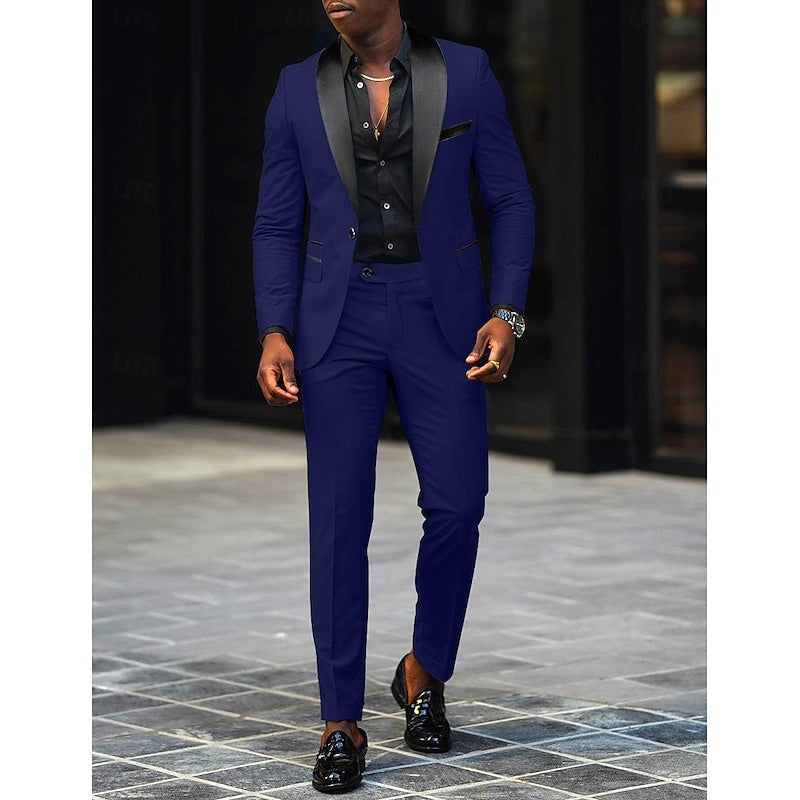 Men's Two-Piece Wedding Suit with Satin Lapel - Royal Blue
