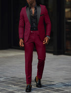 Men's Two-Piece Wedding Suit with Satin Lapel - Burgundy