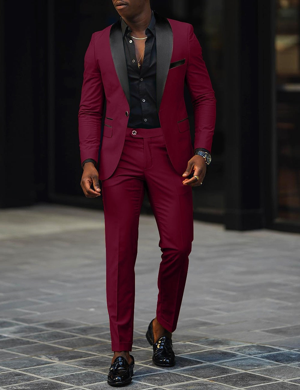 Men's Two-Piece Wedding Suit with Satin Lapel - Burgundy