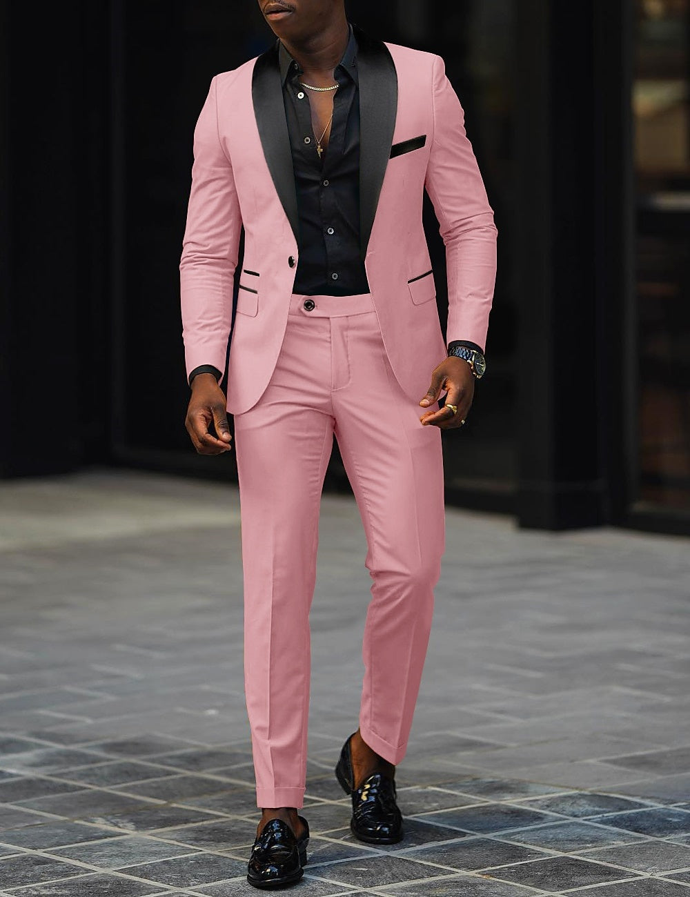Men's Two-Piece Wedding Suit with Satin Lapel - Pink