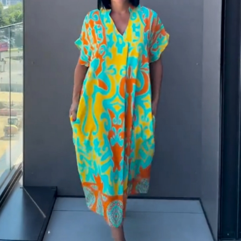 Women's Colorful Printed Dress - Yellow