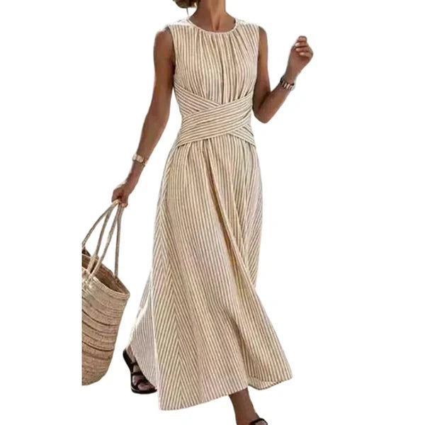 Women's Striped Wrap-Waist Dress - Khaki