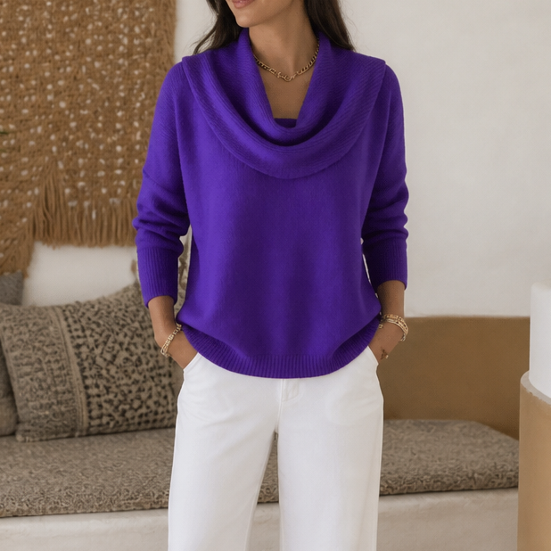 Women's Draped Funnel Neck Sweater - Purple