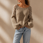 Women's Knit Sweater with Lace Detail - Brown