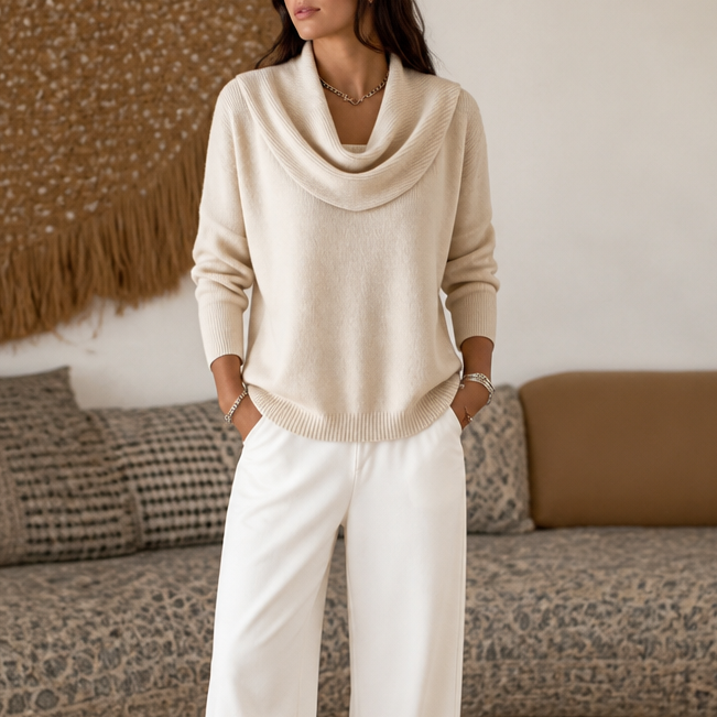 Women's Draped Funnel Neck Sweater - Apricot