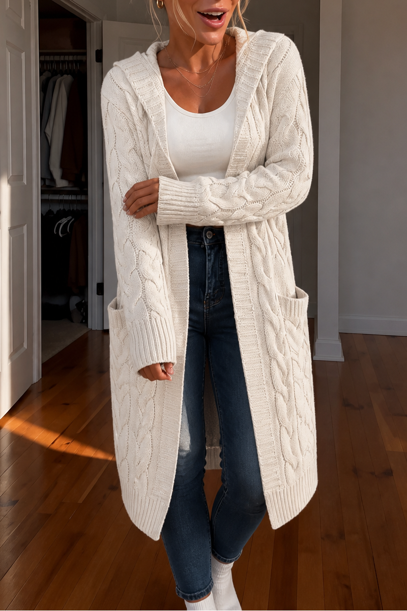 Women's Hooded Cable Knit Cardigan - White