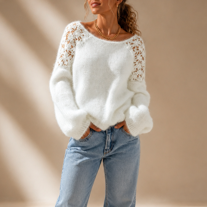 Women's Knit Sweater with Lace Detail - White
