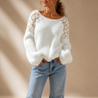 Women's Knit Sweater with Lace Detail - White