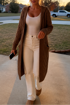 Women's Hooded Cable Knit Cardigan - Brown