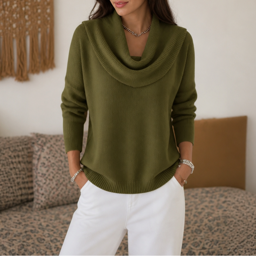 Women's Draped Funnel Neck Sweater - Army Green