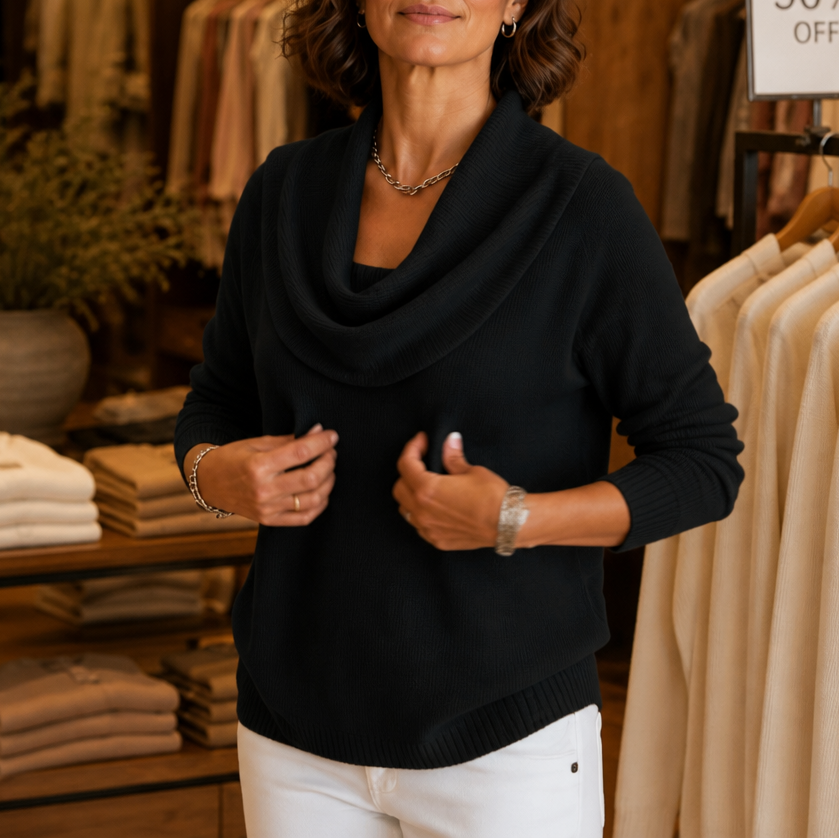 Women's Draped Funnel Neck Sweater - Black