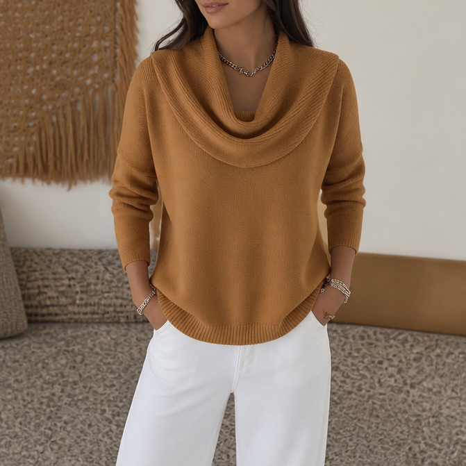 Women's Draped Funnel Neck Sweater - Brown