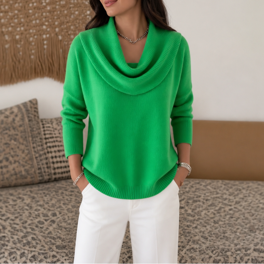 Women's Draped Funnel Neck Sweater - Green