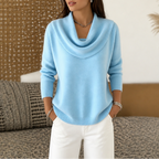 Women's Draped Funnel Neck Sweater - Light Blue