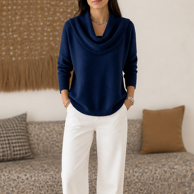 Women's Draped Funnel Neck Sweater - Navy Blue