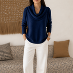 Women's Draped Funnel Neck Sweater - Navy Blue