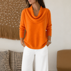 Women's Draped Funnel Neck Sweater - Orange