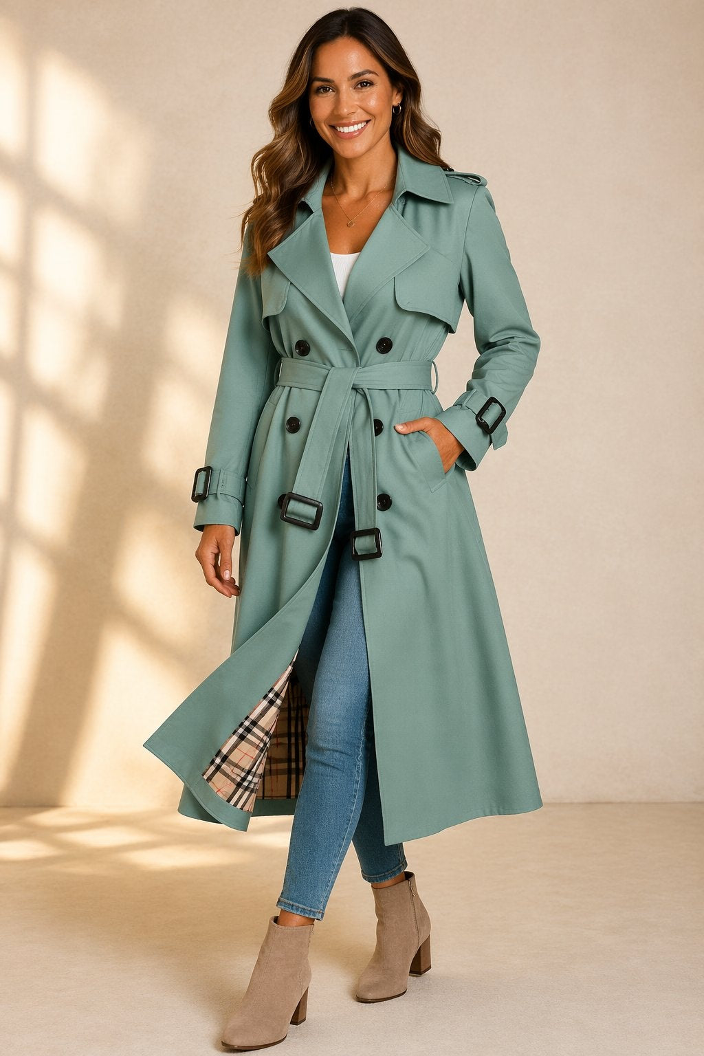 Women's Long Double-Breasted Belted Trench Coat - Green