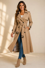 Women's Long Double-Breasted Belted Trench Coat - Beige
