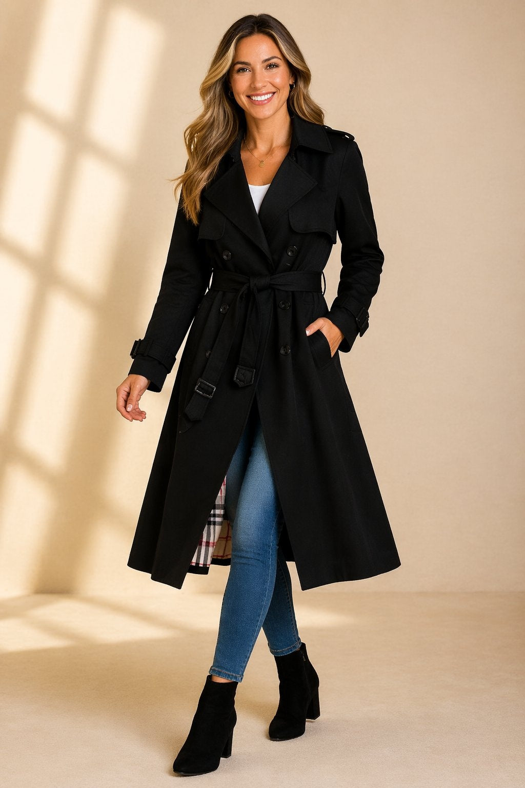 Women's Long Double-Breasted Belted Trench Coat - Black