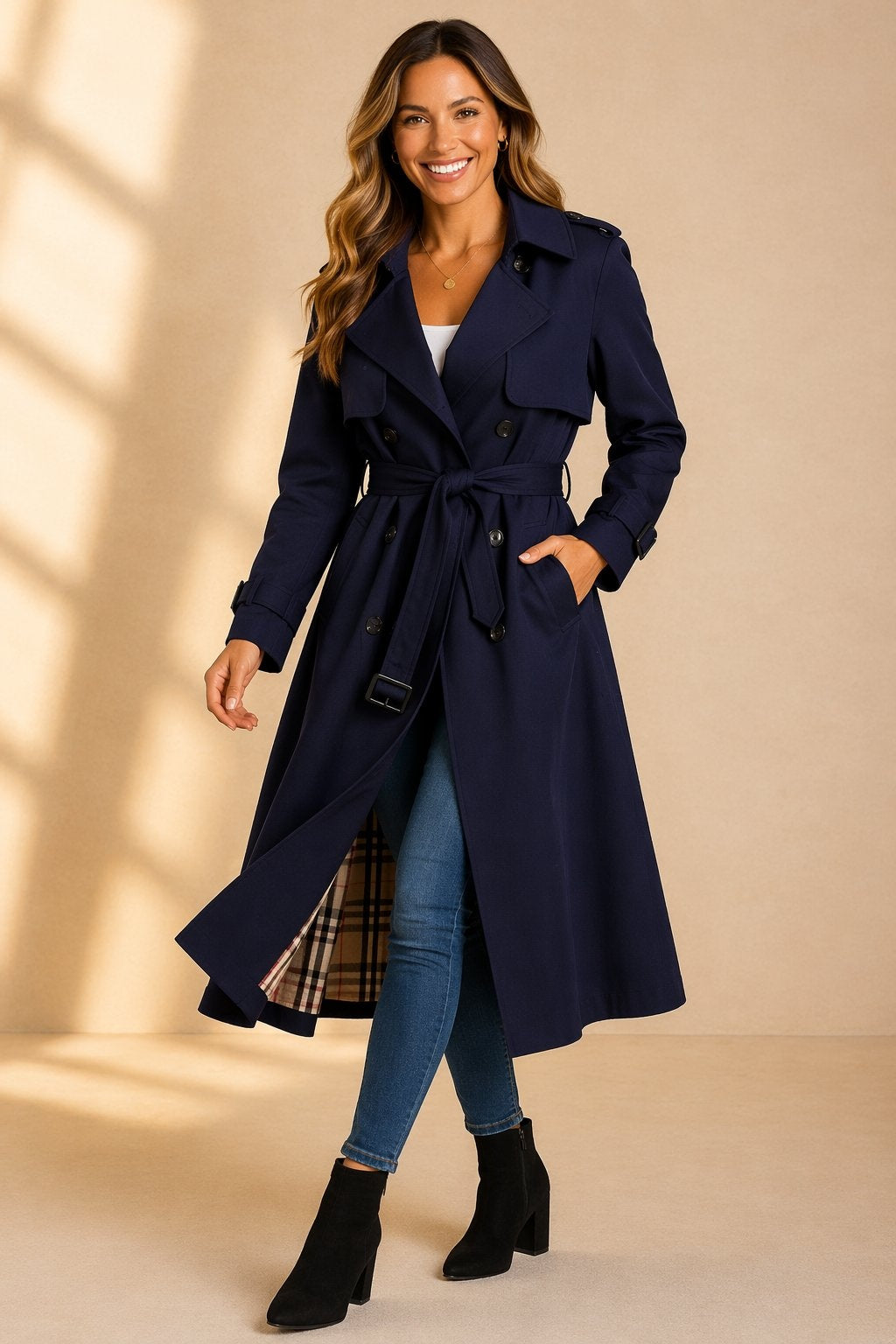 Women's Long Double-Breasted Belted Trench Coat - Navy