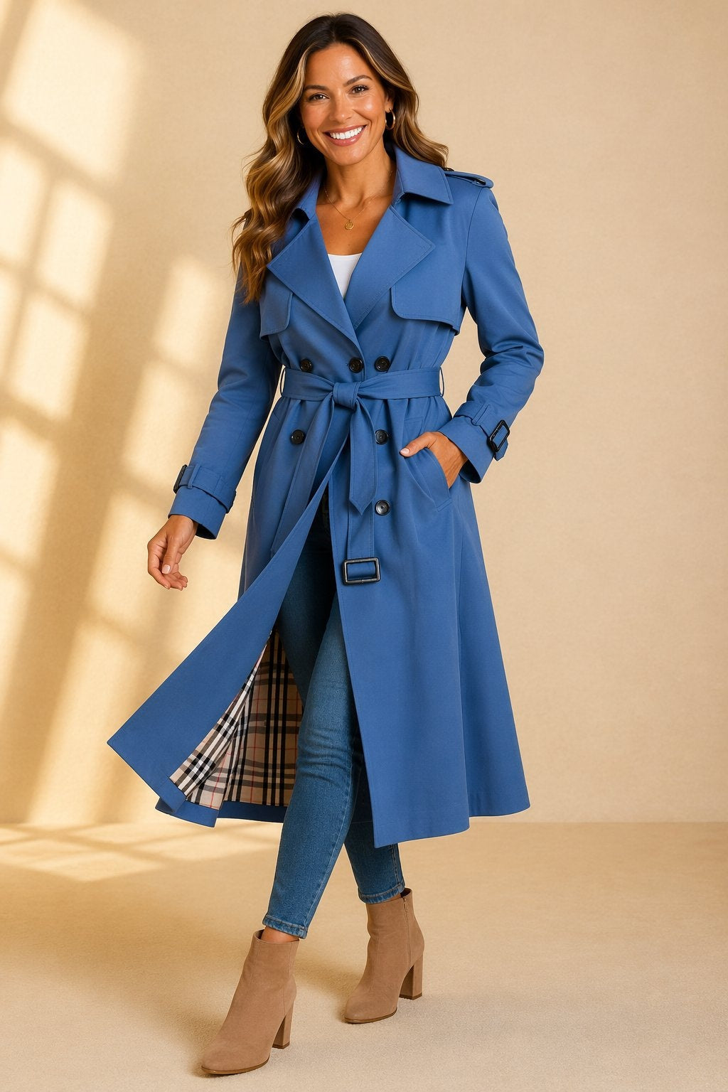 Women's Long Double-Breasted Belted Trench Coat - Blue