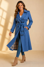 Women's Long Double-Breasted Belted Trench Coat - Blue