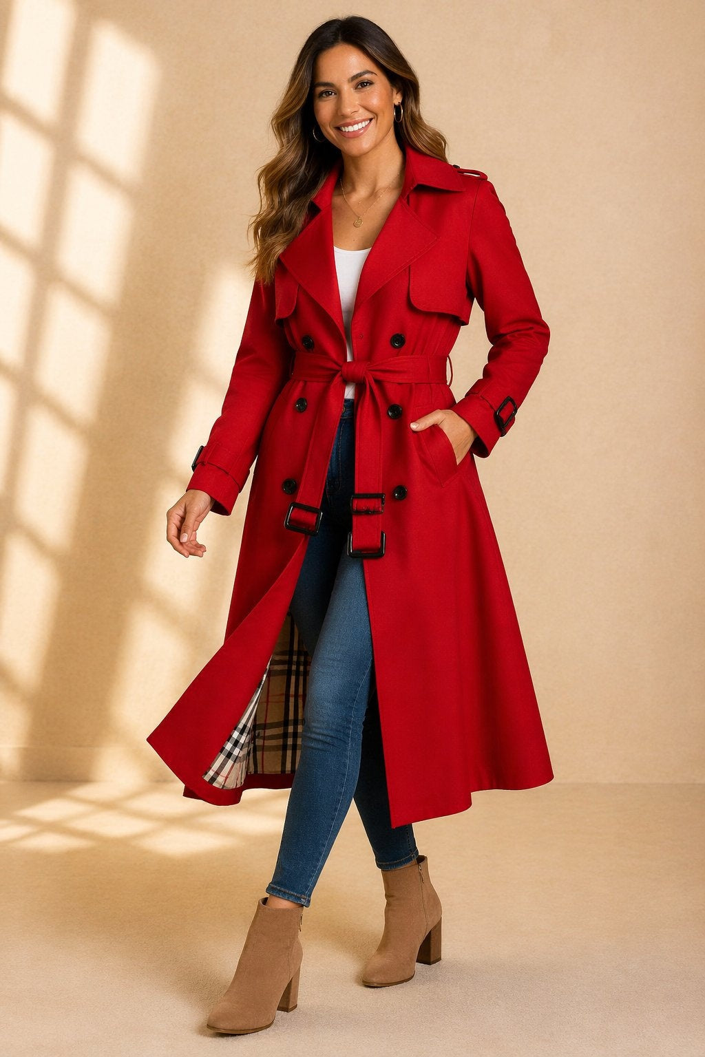 Women's Long Double-Breasted Belted Trench Coat - Red
