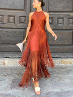 Women's Halter Neck Fringe Maxi Party Dress - Orange