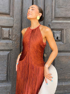 Women's Halter Neck Fringe Maxi Party Dress