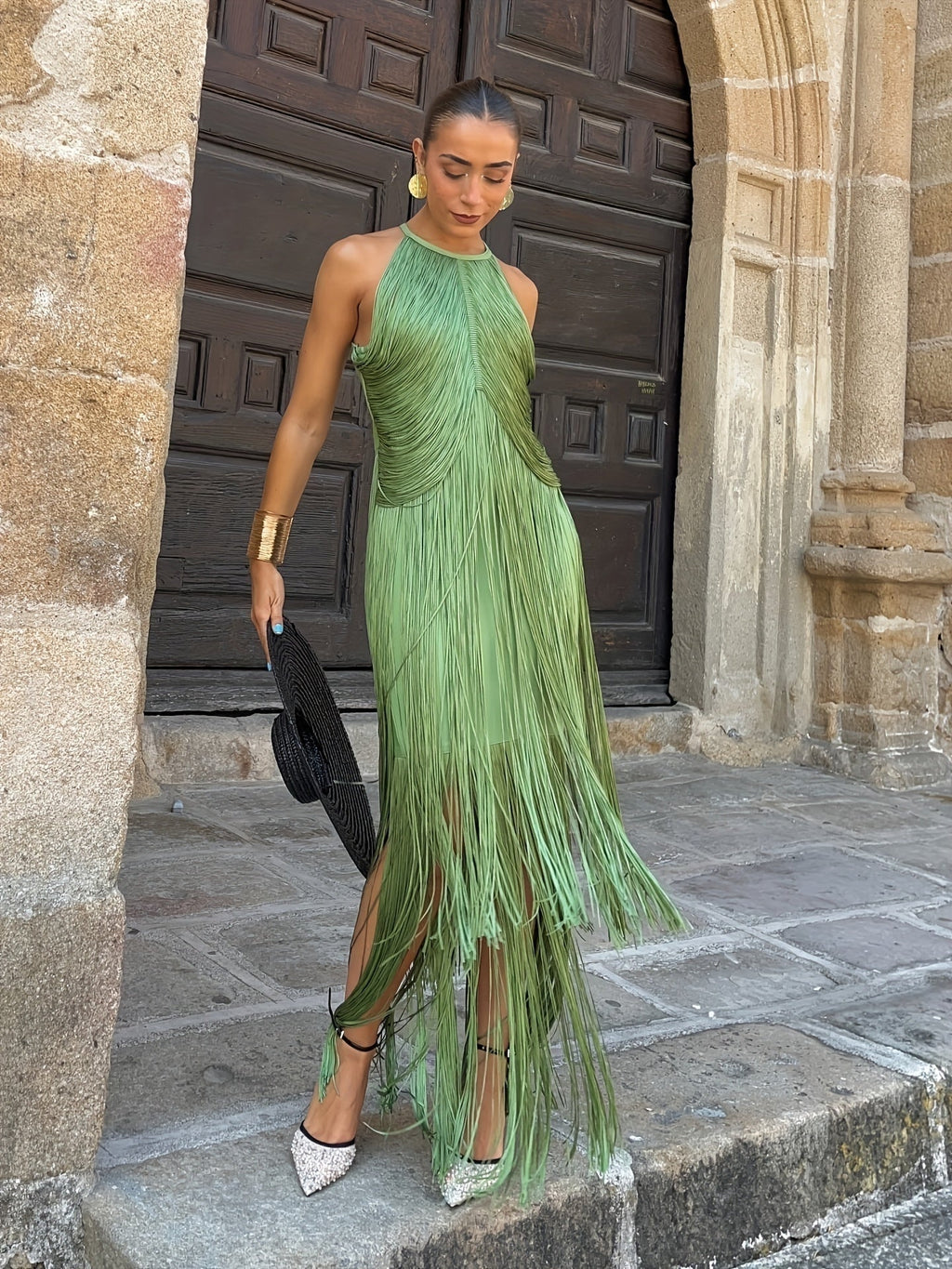 Women's Halter Neck Fringe Maxi Party Dress - Green
