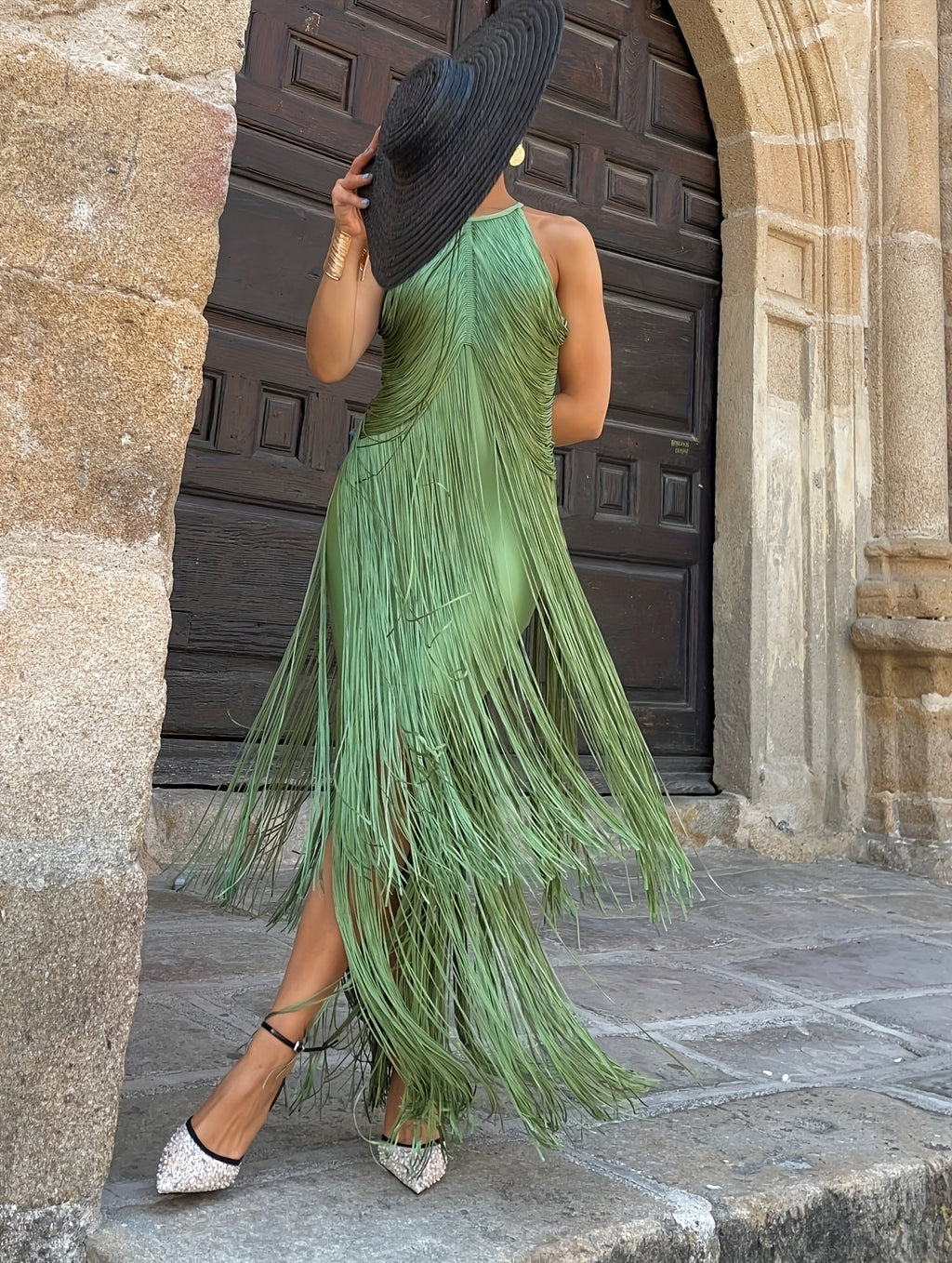Women's Halter Neck Fringe Maxi Party Dress
