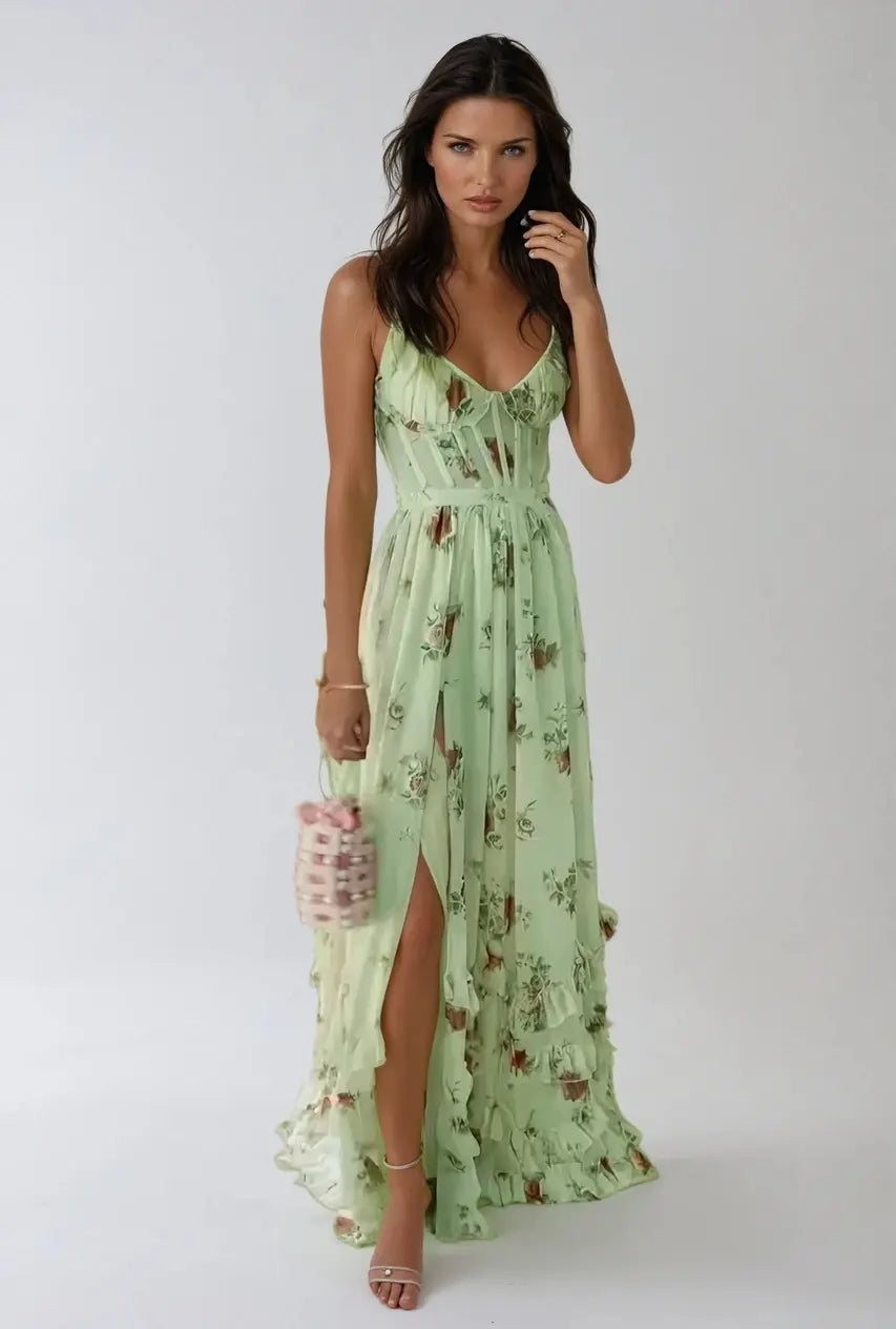 Women's Strappy Maxi Dress with Side Slit - Green
